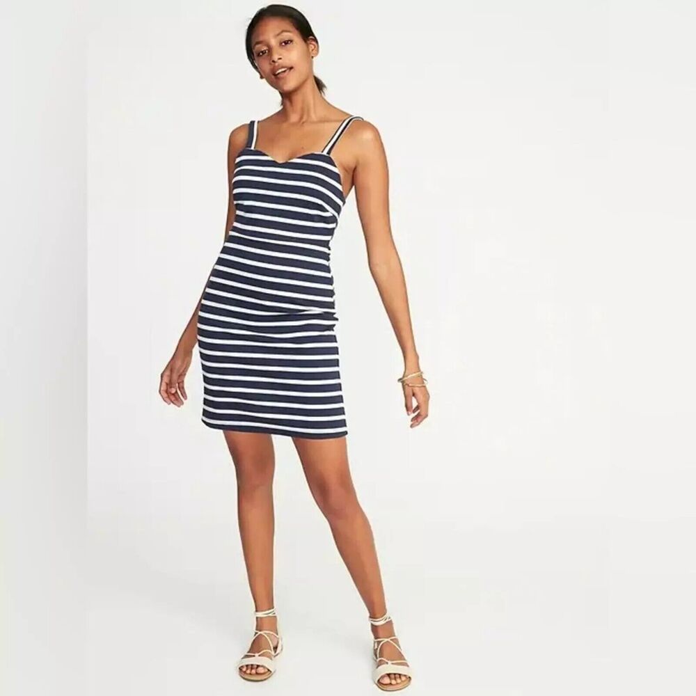 Old Navy Ponte Sheath Dress XL Nautical Blue White Stripe Sleeveless Stretch